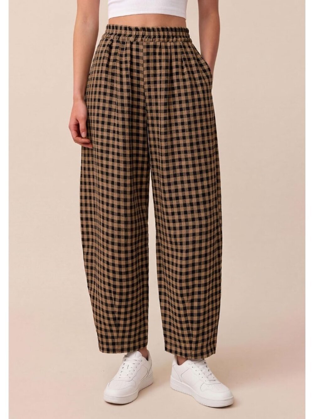 Women's Black Khaki Plaid Casual Loose Wide Leg Spring Fashion Beach Bottoms - Picture 5 of 5